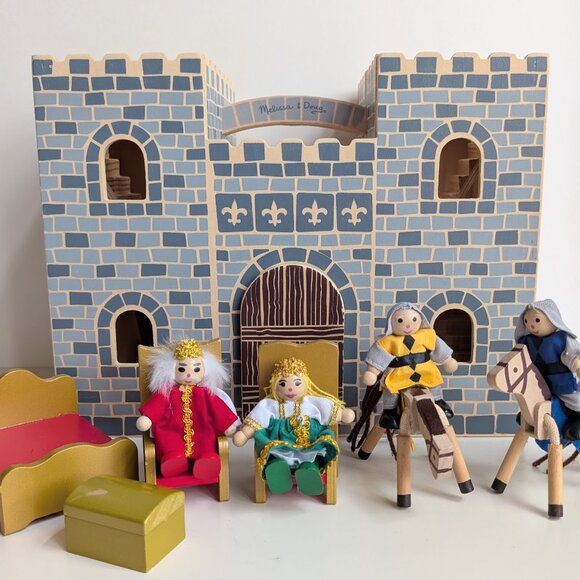 Melissa & Doug Fold & Go Wooden Castle Dollhouse W/ Wooden Dolls & Horses 12pcs - Picture 1 of 15